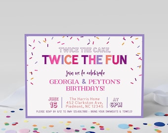 Twice The Fun Birthday Invitation For Two Girls or Sisters, Printable Digital Double Party Invite in PDF or JPG File, Print Your Own Cards