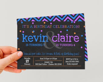 Editable Joint Birthday Invite for Boy Girl, 2 Child Invitation for Trampoline Party, 5x7" Template, Instant Download, Digital File