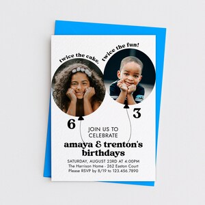 Sjabloon voor eenvoudige gezamenlijke verjaardagsuitnodiging, moderne minimalistische uitnodiging voor verjaardagsfeestje met foto's, 5 x 7" bewerkbaar bestand, direct downloaden