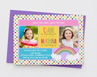 Rainbow Joint Photo Birthday Invitation - 5x7" Colorful Double Party Invite for 2 Girls - Editable Template, Instantly Download Digital File