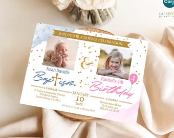 Birthday & Baptism Invitation Template - Editable Double Event Invite w/ Photos - 5x7" Instant Download, Digital File