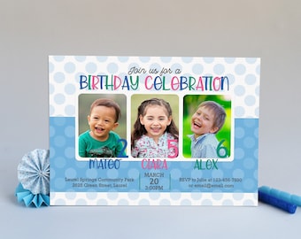 Triplet Joint Photo Birthday Invitation, 3 Child Sibling Printable Party Invite, Gender Neutral Design, Digital File to Print Your Own Cards