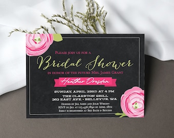 Modern Bridal Shower Invite - Black with Pink Floral Wedding Shower Invitation - Coordinating Thank You, Advice & Recipe Cards Available