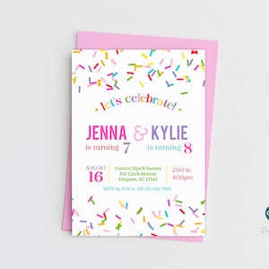 Sjabloon regenboog hagelslag gezamenlijke verjaardagsuitnodiging, kleurrijke confetti dubbele feestuitnodiging voor 2 meisjes, online bewerkbaar, direct downloaden