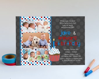 Boy Twin 1st Birthday Party Invite with Photos, Printable Twin First Bday Invitation, Print Your Own Cards w/ Digital File or Send as E-vite