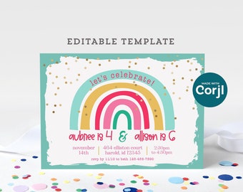 Rainbow Editable Birthday Invitation Template for Sisters or 2 Girls, 5x7 inches, Edit Online with Corjl, Download & Print or Send as E-vite