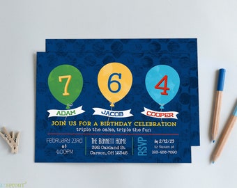 Three Child Birthday Invitation, Triple Party Invite for 3 Kids or Siblings, Colorful Balloons, Printable Digital File or Send as an E-vite