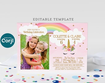 Unicorn Birthday Invitation Editable Template for 1 or 2 Kids, 5x7" Digital Party Invite, Edit Online- Download- Print or Send as E-vite