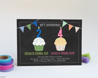 Sibling Double Birthday Party Invitation, Two Child Boy Girl Invite, Cupcake & Chalkboard, Printable Digital File or Send as E-vite