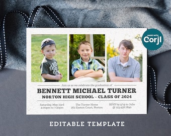 Editable Graduation Announcement Template, 5x7 Invitation - Customize Online, Download & Print or Send E-vite, Edit Colors, Wording, Fonts