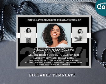 Grad Announcement 2024 Template, Editable on Corjl, Graduation Photo Invitation- Customize, Download & Print - Change Colors, Fonts, Wording