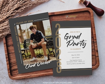 Invitación de graduación para chicos con foto, editable, para estudiantes de último año de secundaria, plantilla de 13 x 18 cm, personalizable online, descarga instantánea.