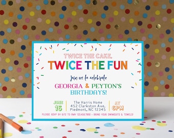 Twice The Fun Sibling Birthday Invitation, Brother Sister Printable Digital Party Invite in PDF or JPG File, Colorful Gender Neutral Card