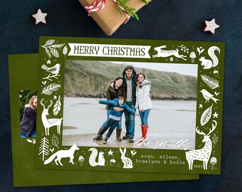Folk Style Woodland Animals Holiday Card, 5x7 Green & White Single Photo Christmas Card, Printable Digital File PDF or JPG, Print Your Own