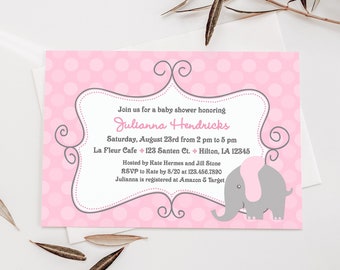 Elephant Baby Girl Shower Invitation Printable Digital File, Pink Gray Sprinkle Invite, Download & Print Your Own Cards, PDF or JPG