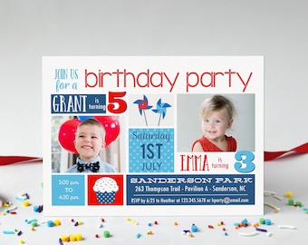 Red White Blue Summer Double Birthday Party Invite - Independence Day 4th of July Invitation for Two Children - Printable File or E-vite