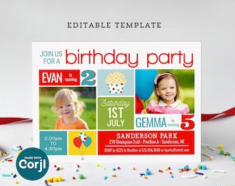 Joint Birthday Invite Template for 2 Kids or Siblings, 5x7 Editable Party Invitation for Corjl, Edit Online Download & Print JB14