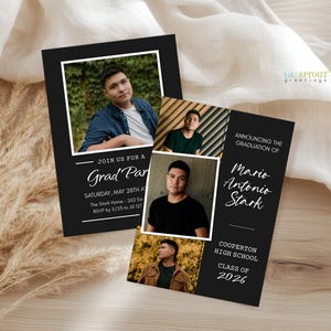 2026 graduation announcement for senior boy. features a black background with 3 photos on the front and graduates name and school. on the back features a single photo of the graduate and grad party details.