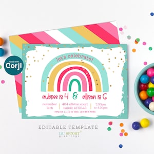 Regenbogen Editierbare Geburtstagseinladungsvorlage für 1 oder 2 Mädchen oder Schwestern, 13x18, Online bearbeiten mit Corjl, Herunterladen & Drucken oder als E-vite senden