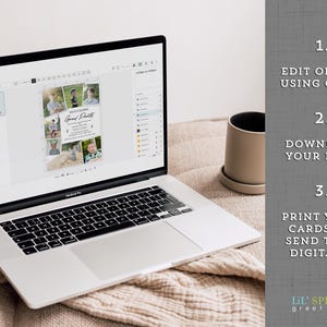 May include: A laptop displays a customizable invitation design with photos and text. The screen shows the steps: edit online, download files, and print or send digitally. A beige mug sits nearby.