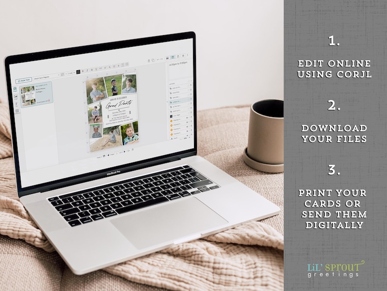 May include: A laptop displays a customizable invitation design with photos and text. The screen shows the steps: edit online, download files, and print or send digitally. A beige mug sits nearby.