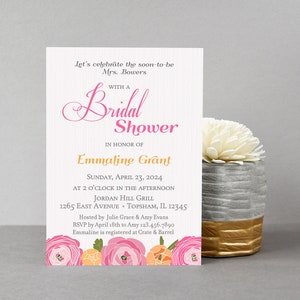 Rosa Blumen Brautparty einladen, Frühlings-Hochzeits-Dusche-Einladung 5 x 7 "druckbare Datei, passende Beratung, Rezept und Danke-Karte verfügbar