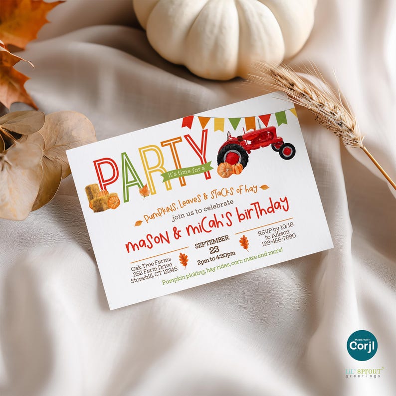 Fall pumpkin patch birthday invite template in a horizontal format with a red tractor, hay bales, pumpkins and leaves. Features multicolored wording and banner.