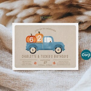 Plantilla de invitación rústica para dos cumpleaños con camión azul, editable para dos niños, autoedición online con Corjl, archivo digital