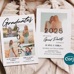 Uitnodiging voor gezamenlijke afstudeerfeestje broer of zus, dubbele uitnodiging 2025 met foto's, DIY 5 x 7" Corjl-sjabloon, downloaden en afdrukken of digitaal verzenden