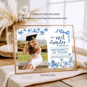May include: A framed graduation announcement with a photo of a graduate in a cap and gown. The announcement includes the text "The next chapter begins at University of Texas" and floral accents. The frame is 10x8 inches.