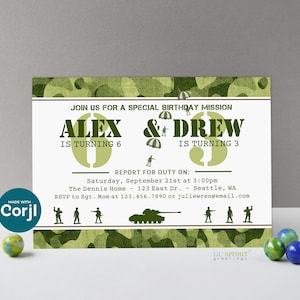 Plantilla de invitación de cumpleaños con camuflaje militar para 1 o 2 niños, invitación editable para fiesta conjunta con temática militar, descarga digital, edición en línea