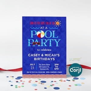 Pool-Party-Geburtstagseinladung bearbeitbare Vorlage für 1 oder 2 Kinder, 5x7-Zoll-Digital-Party einladen, online bearbeiten, herunterladen, drucken oder als E-Karte senden