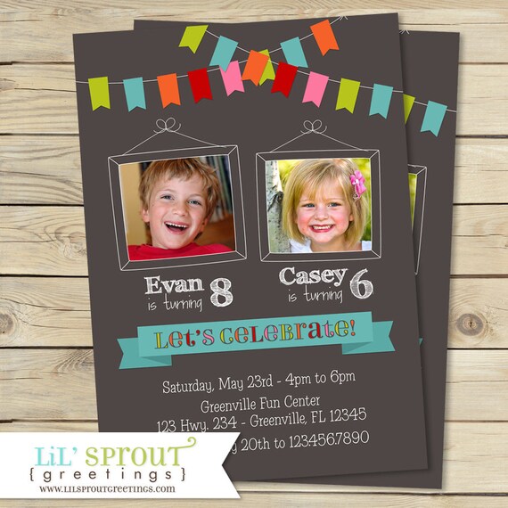 Bunting Joint Twin Photo Birthday Invitation Boy or Girl Double Birthday Invitation