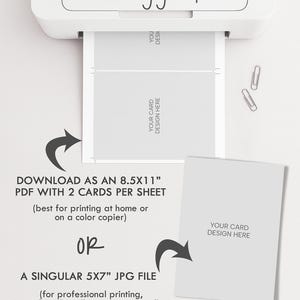 May include: A white printer feeding a sheet of paper with two card templates labeled YOUR CARD DESIGN HERE. Text reads: downloading your files, DOWNLOAD AS AN 8.5X11" PDF WITH 2 CARDS PER SHEET, OR, A SINGULAR 5X7" JPG FILE, and LIL' SPROUT greetings.
