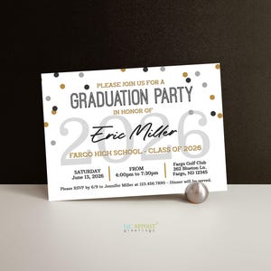 graduation party invite editable template in a horizontal 7x5 inch format with a white background, gold, gray and black confetti and text.