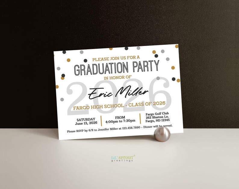 graduation party invite editable template in a horizontal 7x5 inch format with a white background, gold, gray and black confetti and text.
