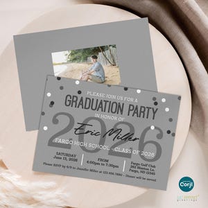 May include: A gray graduation party invitation card featuring a photo of a person on a beach. The text reads: PLEASE JOIN US FOR A GRADUATION PARTY IN HONOR OF Eric Miller 2026 FARGO HIGH SCHOOL - CLASS OF 2026 SATURDAY JUNE 13, 2026 FROM 4:00pm to 7:30pm.