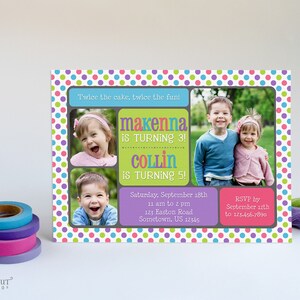 Joint Birthday Party Invitation Printable Digital File, Invite Design with Photos for Two Siblings Kids, Print Your Own Cards or Send E-vite Purple - Pink