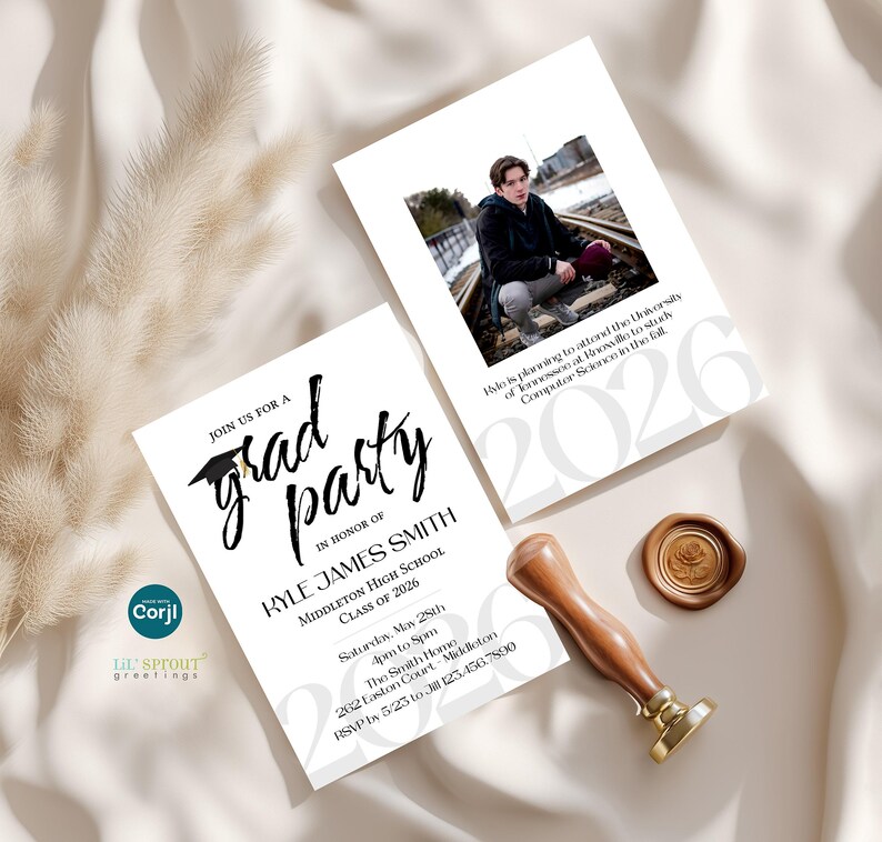 May include: Two rectangular graduation party invitation cards with white backgrounds and black text. One card features a photo of a person on train tracks, the text 2026, and event details. The other card displays the text grad party, Kyle James Smith, and event information. A gold wax seal and a wooden handle stamp are present.
