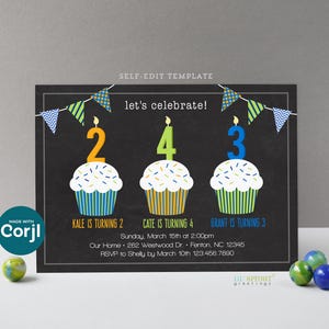 Invitación de cumpleaños triple con cupcakes para 3 niños, plantilla editable para hermanos. Descarga digital, imprime o envía por correo electrónico. Texto.