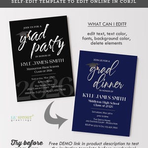 May include: A self-edit graduation party and dinner invitation template featuring a black card with white text and a navy blue card with white text. Both cards include a graduation cap icon, the name Kyle James Smith, and event details.