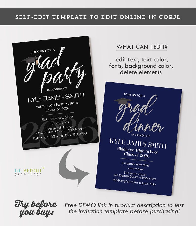 May include: A self-edit graduation party and dinner invitation template featuring a black card with white text and a navy blue card with white text. Both cards include a graduation cap icon, the name Kyle James Smith, and event details.