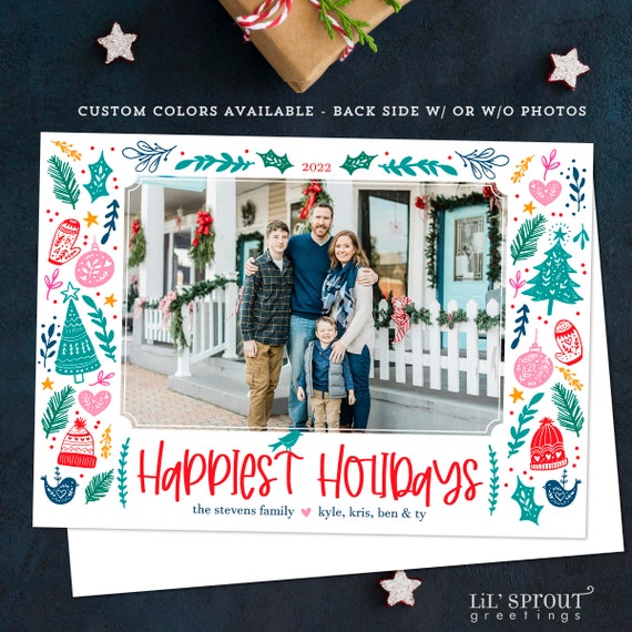 Cheerful Whimsical Colorful Christmas Card - Fun Holiday Xmas Photo - Digital File Download - Printable Print Your Own PDF JPEG 5x7 inch Il_570xn