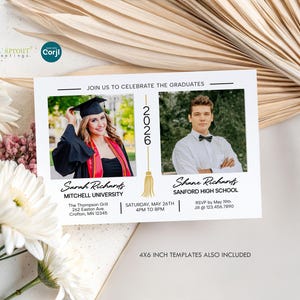 Puede incluir: Una tarjeta de anuncio de graduaci&oacute;n blanca con dos espacios para fotos, el texto JOIN US TO CELEBRATE THE GRADUATES, el a&ntilde;o 2026 con un gr&aacute;fico de borla dorada, los nombres Sarah Richards y Shane Richards, y detalles del evento con plantillas.