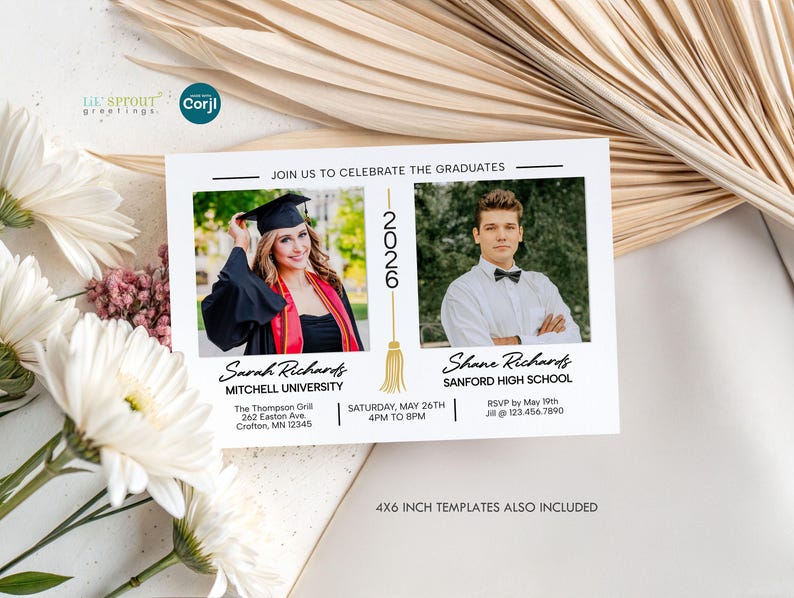 Puede incluir: Una tarjeta de anuncio de graduaci&oacute;n blanca con dos espacios para fotos, el texto JOIN US TO CELEBRATE THE GRADUATES, el a&ntilde;o 2026 con un gr&aacute;fico de borla dorada, los nombres Sarah Richards y Shane Richards, y detalles del evento con plantillas.