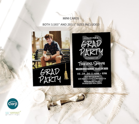 Boys Graduation Announcement Insert Card Template with Photo, Mini Grad  Party Invite, 2x3.5" & 3.5x5" Sizes, Edit Online, Instant Download