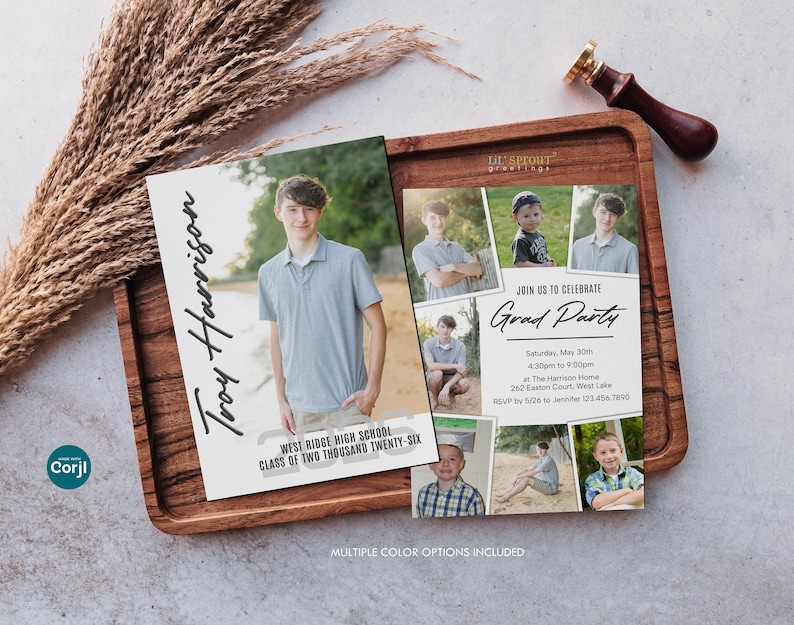 double sided grad announcement in vertical orientation with a white background and black text on the front with a single photo. back side is a collage of 7 photos around the perimeter of the card with text for a graduation party in the center.