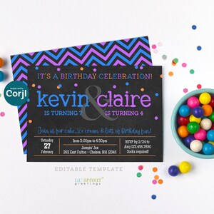 Puede incluir: Una invitaci&oacute;n de cumplea&ntilde;os colorida para un ni&ntilde;o y una ni&ntilde;a que cumplen 7 y 4 a&ntilde;os. La invitaci&oacute;n presenta un fondo de pizarra con confeti y el texto "&iexcl;Es una celebraci&oacute;n de cumplea&ntilde;os! Kevin & Claire cumple 7 & cumple 4. &iexcl;&Uacute;nete a nosotros para el pastel, el helado y mucha diversi&oacute;n de cumplea&ntilde;os!" La invitaci&oacute;n tambi&eacute;n incluye detalles sobre la fiesta, incluida la fecha, la hora, el lugar y la informaci&oacute;n de RSVP.
