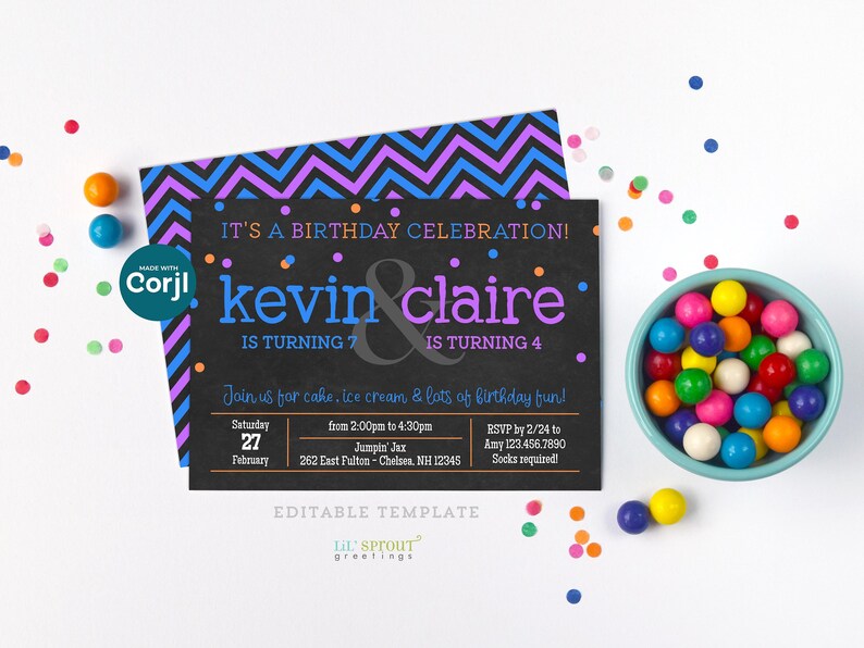 Puede incluir: Una invitaci&oacute;n de cumplea&ntilde;os colorida para un ni&ntilde;o y una ni&ntilde;a que cumplen 7 y 4 a&ntilde;os. La invitaci&oacute;n presenta un fondo de pizarra con confeti y el texto "&iexcl;Es una celebraci&oacute;n de cumplea&ntilde;os! Kevin & Claire cumple 7 & cumple 4. &iexcl;&Uacute;nete a nosotros para el pastel, el helado y mucha diversi&oacute;n de cumplea&ntilde;os!" La invitaci&oacute;n tambi&eacute;n incluye detalles sobre la fiesta, incluida la fecha, la hora, el lugar y la informaci&oacute;n de RSVP.