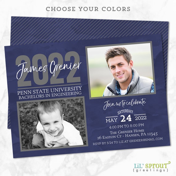 Then and Now Graduation Invitation - Childhood + Recent Photo of Grad - Custom Colors - Class of 2022 Announcement- High School or College Il_570xn